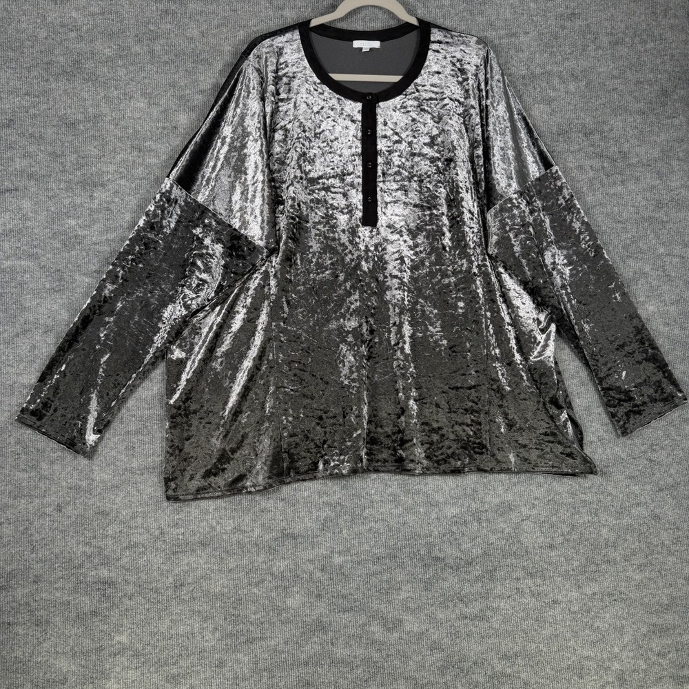 Calme Johnny Was Size-XL Oversized Womens Velvet Boxy Top Gray Crushed Henley